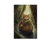 ZBBZJYHH Decorazione artistica da parete moderna da appendere con un gatto marinaio che guida una barca di noce, attraverso i ruscelli della foresta dolce, poster decorativo da appendere, 20 x 30 cm