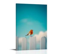 ZBBZJYHH Decorazione artistica da parete moderna da appendere con un pettirosso su un semplice recinto bianco, solo sotto un vasto cielo mattutino blu cipria. Poster decorativo da appendere alla