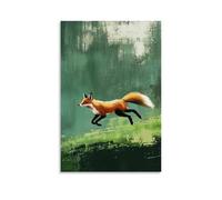 ZBBZJYHH Decorazione artistica da parete moderna da appendere, motivo: volpe rossa su un campo verde muschio, coda che si muove dietro come una pennellata contro la scena minimalista. Poster