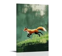 ZBBZJYHH Decorazione artistica da parete moderna da appendere, motivo: volpe rossa su un campo verde muschio, coda che si muove dietro come una pennellata contro la scena minimalista. Decorazione