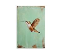 ZBBZJYHH Decorazione artistica da parete moderna da appendere su una tela verde menta, con un colibrì che si aleggia a mezz'aria su una tela verde menta, ali sfocate contro la quiete del colore