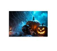 ZBBZJYHH Decorazione da parete per Halloween, motivo: teschio spettrale, lanterna di zucca malvagia e ragnatela terrificante, decorazione artistica moderna da appendere alla parete, poster 30 x 45 cm