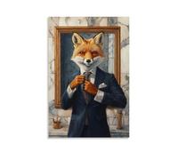 ZBBZJYHH Dipinto ad olio con animale di una volpe che regola la cravatta di seta in uno specchio da bagno in marmo, indossa un abito blu navy perfettamente su misura. Poster decorativo da appendere