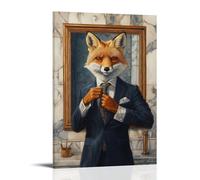 ZBBZJYHH Dipinto ad olio con animale di una volpe che regola la cravatta di seta in uno specchio da bagno in marmo, indossa un abito blu navy perfettamente su misura. Poster decorativo artistico