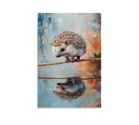 ZBBZJYHH Dipinto ad olio con animale, un riccio in equilibrio che cammina sulle corde del rasoio sopra specchi piscine moderna artistica da parete poster decorativo da appendere 50 x 75 cm