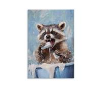 ZBBZJYHH Dipinto ad olio con animali di un procione che scivola sul sapone mentre cerca di lavarsi i denti con entrambe le zampe. Poster decorativo da appendere alla parete, artistico moderno, 50 x 75