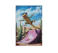 ZBBZJYHH Dipinto ad olio con animali di una lucertola con occhiali da sole che fa un trucco su una rampa nel deserto con cactus intorno. Poster artistico moderno da appendere alla parete, 20 x 30 cm