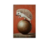 ZBBZJYHH Dipinto ad olio con animali: un riccio che fa trucchi in verticale su una sfera che rotola a uno spettacolo di villaggio, decorazione artistica moderna da appendere alla parete, poster