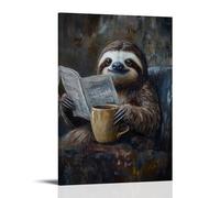 ZBBZJYHH Dipinto ad olio di un bradipo che legge solo il primo titolo prima di fare un sonnellino sopra una tazza da caffè caldo. Poster artistico moderno da appendere alla parete, 50 x 75 cm