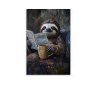 ZBBZJYHH Dipinto ad olio di un bradipo che legge solo il primo titolo prima di fare un sonnellino sopra una tazza da caffè caldo. Poster artistico moderno da appendere alla parete, 50 x 75 cm
