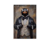 ZBBZJYHH Dipinto ad olio di un pinguino che abbottona l'ultimo pulsante su una giacca da pranzo a doppio petto fresca. Poster artistico moderno da appendere alla parete, decorativo, 50 x 75 cm
