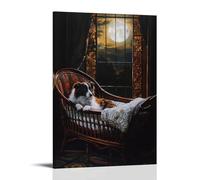 ZBBZJYHH Poster artistico da appendere alla parete con immagine di un collie olandese dell'età dell'oro, che guarda alla culla di un bambino, luce di luna che scorre attraverso il vetro al piombo