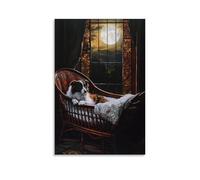 ZBBZJYHH Poster artistico da appendere alla parete con immagine di un collie olandese dell'età dell'oro, che guarda alla culla di un bambino, luce di luna che scorre attraverso il vetro al piombo