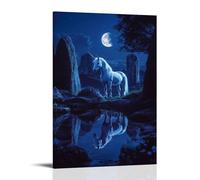 ZBBZJYHH Poster artistico da appendere alla parete, con unicorno immerso nella luna blu, in piedi in una pozza di riflessione sotto pietre antiche, poster decorativo da appendere, 60 x 90 cm