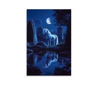 ZBBZJYHH Poster artistico da appendere alla parete, con unicorno immerso nella luna blu, in piedi in una pozza di riflessione sotto pietre antiche, poster decorativo da appendere, 60 x 90 cm