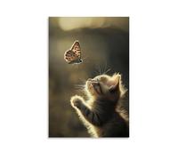 ZBBZJYHH Poster artistico moderno da appendere alla parete, 40 x 60 cm, con scritta in inglese "A Curious Kitten Pawing at A Butterfly, entrambi sospesi in un tenero momento di scoperta color crema"