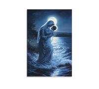 ZBBZJYHH Poster artistico moderno da appendere con Mary Kneels by The Shore, sollevando un bambino che annega, dalle onde mentre la luce della luna si illumina intorno a lei come un'aureola. Poster