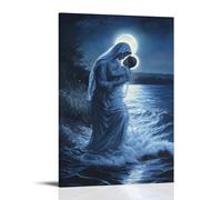 ZBBZJYHH Poster artistico moderno da appendere con Mary Kneels by The Shore, sollevando un bambino che annega, dalle onde mentre la luce della luna si illumina intorno a lei come un'aureola. Poster