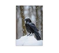 ZBBZJYHH Poster decorativo da appendere alla parete con corvo appollaiato nella neve, piume nere vivaci contro un inverno bianco olio. Poster decorativo artistico moderno da appendere (20 x 30 cm)