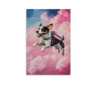 ZBBZJYHH Poster decorativo da appendere alla parete con dipinto ad olio di un cane che vola con un jetpack attraverso un cielo rosa caramellato di cotone. Poster decorativo da appendere alla parete