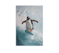 ZBBZJYHH Poster decorativo da appendere alla parete con dipinto ad olio di un pinguino che cavalca un salto sul wakeboard, a metà giro, su tela di menta ghiacciata, decorazione artistica da parete