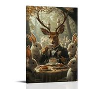 ZBBZJYHH Poster decorativo da appendere alla parete con un cervo che sorseggia il tè al bosco circondato da conigli in abbigliamento formale, decorazione artistica moderna da appendere, 20 x 30 cm