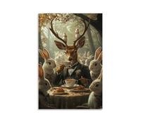 ZBBZJYHH Poster decorativo da appendere alla parete con un cervo che sorseggia il tè al bosco circondato da conigli in abbigliamento formale, decorazione artistica moderna da appendere, 30 x 45 cm
