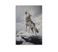 ZBBZJYHH Poster decorativo da appendere alla parete con un lupo dipinto a metà ululato su una montagna innevata, sfondo cielo in morbido grigio ghiacciaio. Poster decorativo artistico moderno da