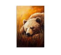 ZBBZJYHH Poster decorativo da appendere alla parete con un orso che dorme sull'erba alta, dipinto calorosamente su un morbido sfondo ambrato di fine estate. Poster decorativo da appendere alla parete