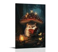 ZBBZJYHH Poster decorativo da appendere alla parete con un riccio che legge storie della buonanotte con lucciole in un fungo illuminato da lanterna, decorazione artistica moderna da appendere per