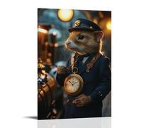 ZBBZJYHH Poster decorativo da appendere alla parete con un treno di un furetto che controlla l'orologio da tasca accanto a una locomotiva a vapore, decorazione artistica moderna da parete, 60 x 90 cm