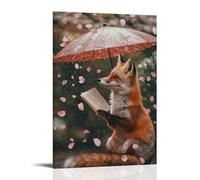 ZBBZJYHH Poster decorativo da appendere alla parete con volpe che legge una lettera d'amore sotto un ombrello di petali di ciliegio che cadono, moderno, artistico, decorativo, 40 x 60 cm