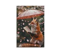 ZBBZJYHH Poster decorativo da appendere alla parete con volpe che legge una lettera d'amore sotto un ombrello di petali di ciliegio che cadono, moderno, artistico, decorativo, 40 x 60 cm