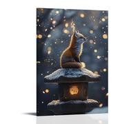 ZBBZJYHH Poster decorativo da appendere alla parete con volpe spirituale che medita in cima a una lanterna di pietra nella nevicata, code alla deriva come incenso, decorazione artistica moderna da