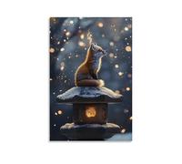 ZBBZJYHH Poster decorativo da appendere alla parete, con volpe spirituale che medita in cima a una lanterna di pietra nella nevicata, code alla deriva come incenso, decorazione artistica moderna da