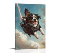 ZBBZJYHH Un cane con un jetpack zoom attraverso il cielo, orecchie che sbattono selvaggiamente, lingua fuori nella gioia. Poster artistico moderno da appendere alla parete, 50 x 75 cm