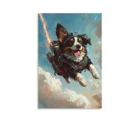 ZBBZJYHH Un cane con un jetpack zoom attraverso il cielo, orecchie che sbattono selvaggiamente, lingua fuori nella gioia. Poster artistico moderno da appendere alla parete, 60 x 90 cm