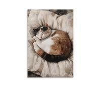 ZBBZJYHH Un gatto contento raggomitolato strettamente in una palla in cima a un cuscino color crema di velluto, catturato nella quiete senza tempo del sonno. Poster artistico moderno da appendere alla