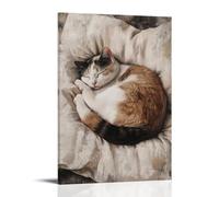 ZBBZJYHH Un gatto contento raggomitolato strettamente in una palla in cima a un cuscino color crema di velluto, catturato nella quiete senza tempo del sonno. Poster artistico moderno da appendere alla