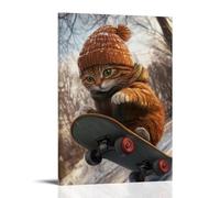 ZBBZJYHH Un gatto in un berretto cavalca un longboard giù per una ripida collina, vento che increspa la pelliccia, occhi ristretti a fuoco. Poster decorativo artistico moderno da appendere alla parete