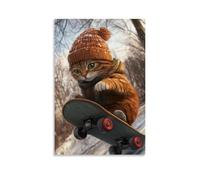 ZBBZJYHH Un gatto in un berretto cavalca un longboard giù per una ripida collina, vento increspato la pelliccia, occhi ristretti a fuoco. Poster decorativo artistico moderno da appendere alla parete