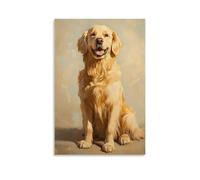 ZBBZJYHH Un Golden Retriever si siede gioiosamente su una tela giallo pallido, coda che scodinzola delicatamente nel calore del sole solido e non detto. Poster decorativo artistico moderno da