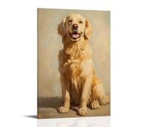 ZBBZJYHH Un Golden Retriever si siede gioiosamente su una tela giallo pallido, coda che scodinzola delicatamente nel calore del sole solido e non detto. Poster decorativo artistico moderno da