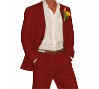ZBDP - Completo in lino, set da 2 pezzi con blazer e pantaloni, un bottone, abito da uomo per matrimonio, estate, spiaggia, testimoni dello sposo, elegante abito da uomo, Rosso, XXS