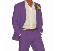 ZBDP - Completo in lino, set da 2 pezzi con blazer e pantaloni, un bottone, abito da uomo per matrimonio, estate, spiaggia, testimoni dello sposo, elegante abito da uomo, Viola, 3XL