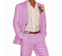 ZBDP - Completo in lino, set da 2 pezzi con blazer e pantaloni, un bottone, abito da uomo per matrimonio, estate, spiaggia, testimoni dello sposo, elegante abito da uomo, rosa, L