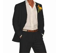 ZBDP - Completo in lino, set da 2 pezzi con blazer e pantaloni, un bottone, abito da uomo per matrimonio, estate, spiaggia, testimoni dello sposo, elegante abito da uomo, Nero , M