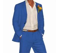 ZBDP - Completo in lino, set da 2 pezzi con blazer e pantaloni, un bottone, abito da uomo per matrimonio, estate, spiaggia, testimoni dello sposo, elegante abito da uomo, Blu, L