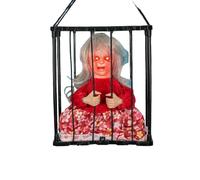 ZBDP Halloween spaventoso teschio decorazione appendibile parlante fantasma puntello luminoso occhio suono bambola scheletro elettrico in gabbia prigioniero