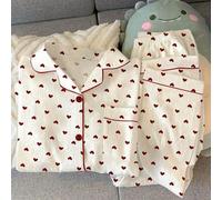 ZBDP Set da Notte con Stampa a Cuore, da Donna, Coreano, a Maniche Lunghe, con Pantaloni, 2 Pezzi, da Notte Primaverile, con Bottoni, per la casa